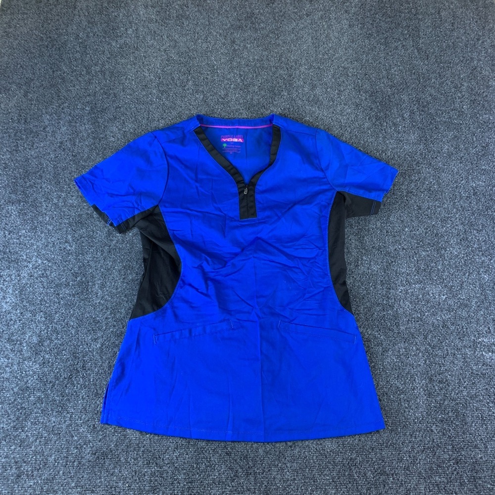 Healing Hands Purple Label Yoga Scrub Top Womens Medium Blue Good Zipper Pocket